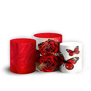 Trio Cilindro - Floral Borboleta Vermelha - Sublimado 3D + Elástico