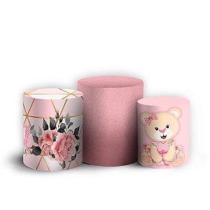 Trio Cilindro - Ursinha Rosa - Sublimado 3D + Elástico