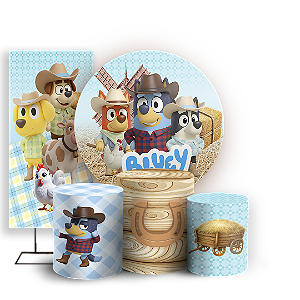 KIT Redondo Trio e Faixa Sublimado 3D - Bluey Fazendinha