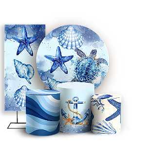 Capas Painel Redondo Trio Cilindro e Faixa Lateral Sublimado - Fundo do Mar Conchas