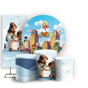 Capas Painel Redondo Trio Cilindro e Faixa Lateral Sublimado - Jesus e Crianças