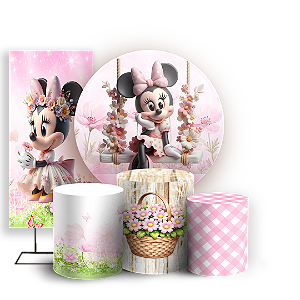 Capas Painel Redondo Trio Cilindro e Faixa Lateral Sublimado - Fazendinha Mickey e Minnie