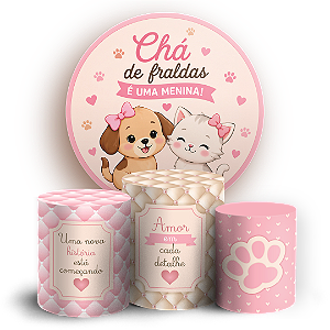Capas Painel Redondo e Trio Cilindro Sublimado - Chá de Fraldas - Cachorro e Gato