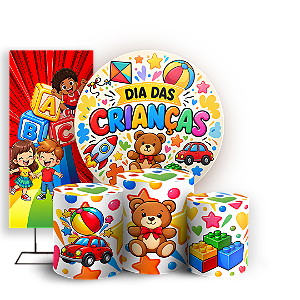 Capas Painel Redondo Trio Cilindro e Faixa Lateral Sublimado - Dia das Crianças