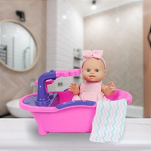 Boneca Bebê Milkinha C/Banheira Banho Sai Água De Verdade