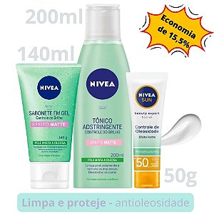 Kit - Nivea Facial Matte _ Sabonete Gel Controle de Brilho + Tônico Adstringente + Protetor Solar Sun FPS50