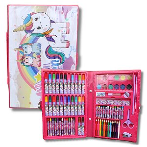 Estojo Maleta Escolar 86 Peças Canetinha Lapis Unicornio