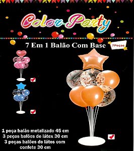 KIT BALÕES LÁTEX CONFETE + SUPORTE EM ACRÍLICO - 07 PEÇAS