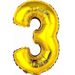 BALAO METALICO 40CM NUMERO 3 DOURADO NEOTRENTINA