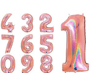 Balão Holografico Numeros 1 Rose Gold 40 cm