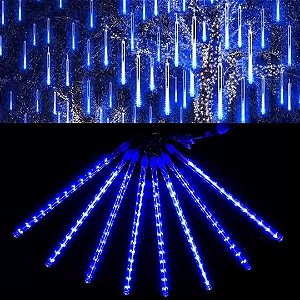 Jogo 8 Tubo Snow Led 30cm Chuva Meteoro Cascata Azul 288 LEDS