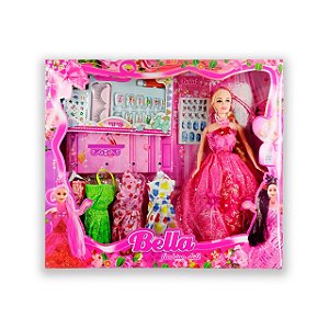 BONECA BELLA COM KIT DE UNHAS CILIOS VESTIDOS E ACESSORIOS