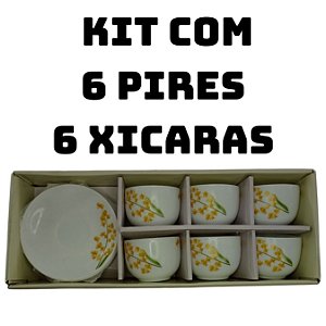 Jogo de Xicaras com 6 Xicaras e 6 Pires de Vidro Decorado