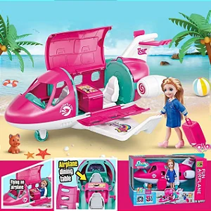 Brinquedo avião com acessorios e mini boneca Tipo Barbie