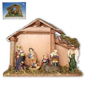 PRESEPIO DE NATAL RESINA C/8 PCS DECORADO CASA DE MADEIRA
