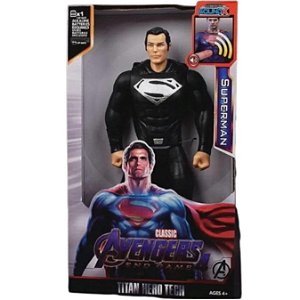 Boneco Vingadores 30cm Articulado som e led: Super Man Preto
