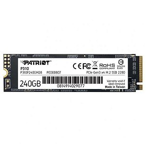 SSD Patriot P310 240GB M.2 NVMe - Leitura 1700MB/s e Gravação 1000MB/s