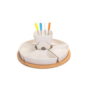 Conjunto de Fondue de Porcelana com 12 Peças e Base em Bambu - 30 cm