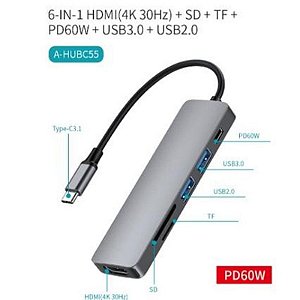 Hub Multiport USB-C 6 em 1 com HDMI 4K, USB 3.0, USB 2.0, SD e TF - A-HUBC55