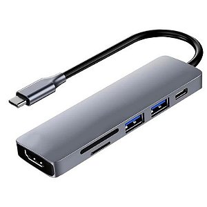 Hub USB-C 3.1 6 em 1 com HDMI, 2 USB 3.0, Leitor SD/TF - Cinza