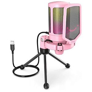 Microfone Gamer USB RGB Rosa Fifine A6V - Som de Alta Qualidade e Estilo Moderno