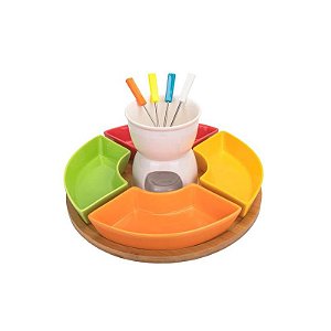 Conjunto de Fondue em Porcelana com 12 Peças e Base de Bambu de 30cm