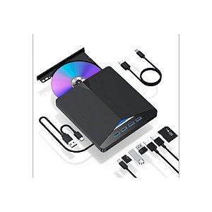 Leitor e Gravador de DVD Externo USB/USB-C com 4 Portas USB 3.0 - Preto
