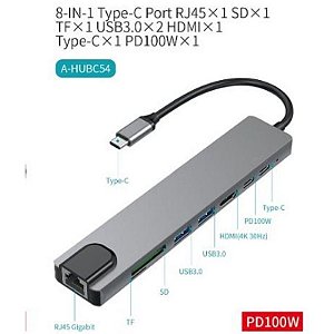 Hub USB-C 8 em 1 com RJ45, HDMI, SD, TF e portas USB 3.0 e USB-C – Sate A-HUBC54