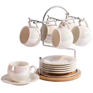 Conjunto Elegante de 6 Xícaras e Pires com Suporte para Café ou Chá