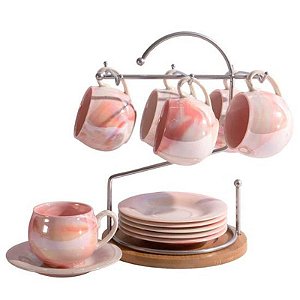 Conjunto Elegante de 6 Xícaras e Pires com Suporte para Café ou Chá