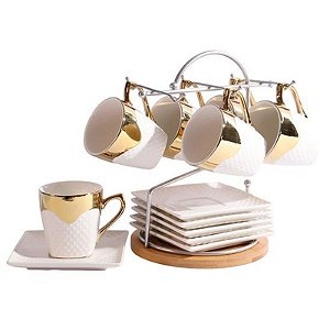 Conjunto Elegante de 6 Xícaras e Pires com Suporte para Café ou Chá