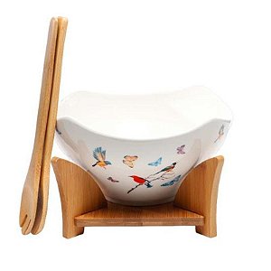 Tigela de Salada de Porcelana com Base de Madeira 23X23X12CM