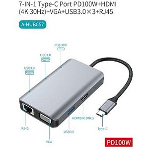 Hub USB-C 7 em 1 com RJ45, VGA, 3x USB 3.0 e HDMI - Sate A-HUBC57
