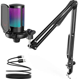 Microfone Gamer Fifine A6T RGB USB - Preto para Streaming e Gravação de Alta Qualidade