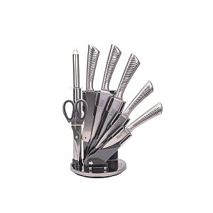 Conjunto de Facas de Cozinha em Inox com Suporte Rotativo - 7 Peças com Listras