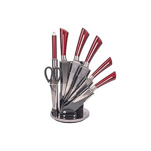 Conjunto de Facas de Aço Inoxidável 7 Peças com Suporte Rotativo Vermelho