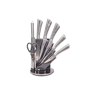 Conjunto de Facas de Aço Inox com Suporte Rotativo - 7 Peças em Prata e Preto