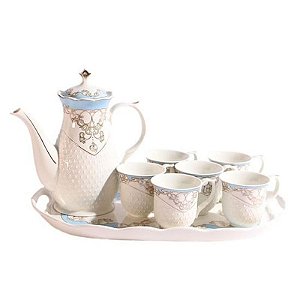 Conjunto Elegante de Xícaras com Bule e Bandeja em Cerâmica - 8 Peças