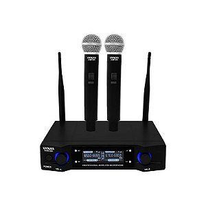 Microfone Sem Fio Satellite A-MK1203 com 2 Microfones Bivolt - Preto
