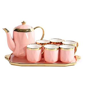 Conjunto de Xícaras e Bule em Cerâmica com Bandeja - 8 Peças Elegantes