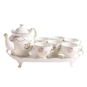 Conjunto Elegante de Xícaras com Bule e Bandeja em Cerâmica - 8 Peças