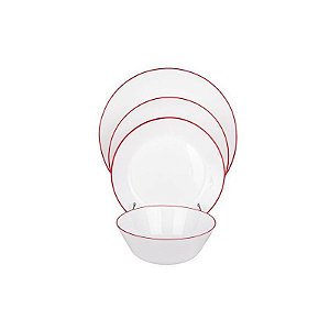Conjunto de Jantar Branco com Detalhes Vermelhos - 24 Peças de Vidro Francês