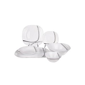 Conjunto de Jantar em Vidro Francês Branco com Listras Pretas - 26 Peças