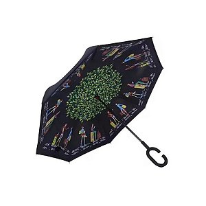 Guarda-Chuva Invertido Dupla Camada Flores Cabo Curvo Preto/Verde