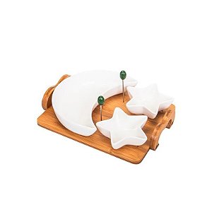 Jogo de Bandeja para Petiscos em Porcelana com Base de Bambu e 3 Divisórias