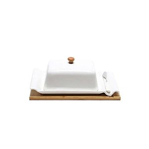 Porta Manteiga Cerâmico com Base Bambu