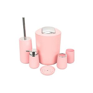 Jogo de Banho Em Porcelana com Detalhes Cromados 6 Peças - Rosa