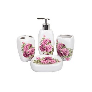 Kit Banheiro Porcelana Branco Estampa Floral 4 Peças