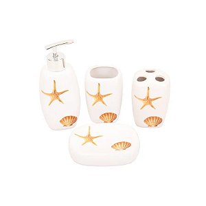 Kit Banheiro de Porcelana Branco Estampa Marinha 4 Peças