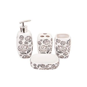 Kit Banheiro Porcelana Branca Flores Pretas 4 Peças